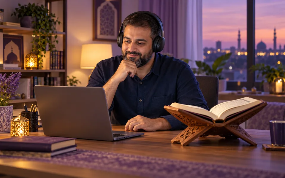 Adult learning Quran at home in the evening