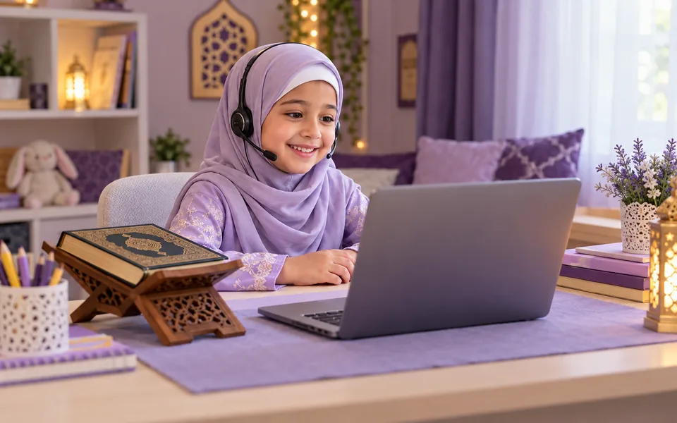 Young girl enjoying an online Quran lesson