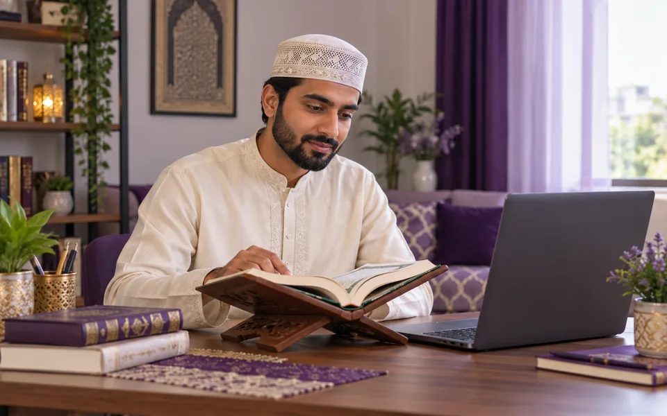 Adult practicing Quran reading during an online lesson