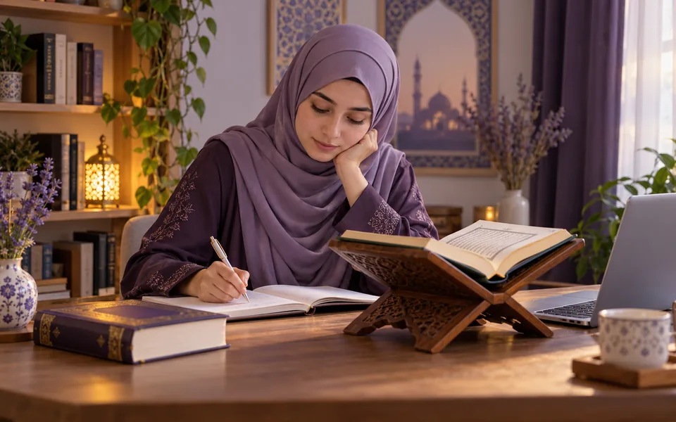 Student studying Quran translation and taking notes