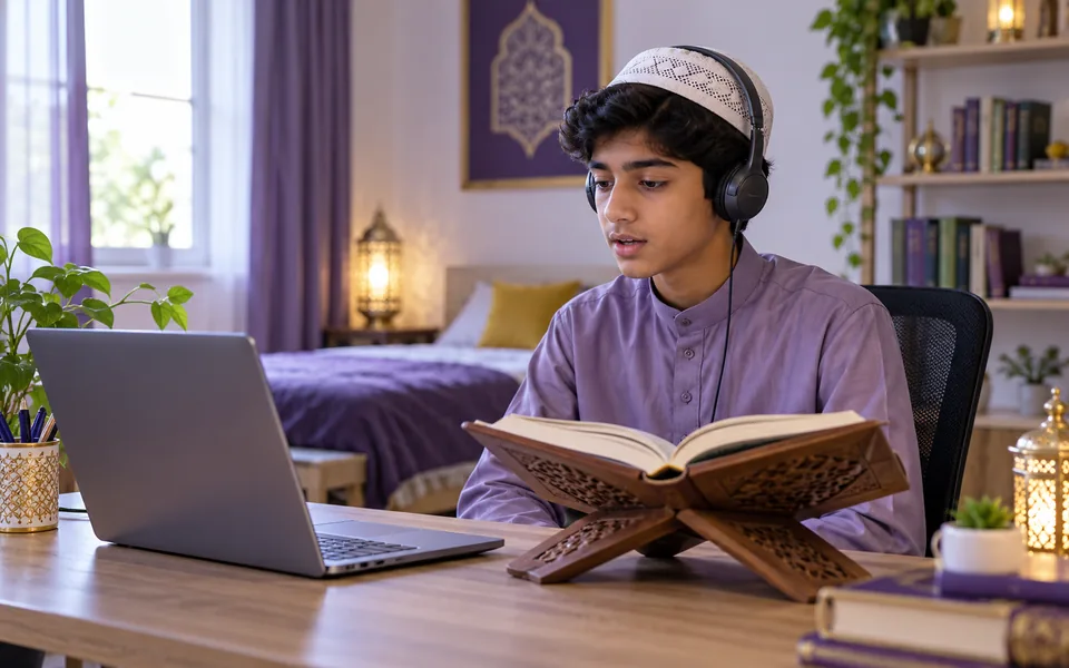 Student practicing Quran recitation with a headset