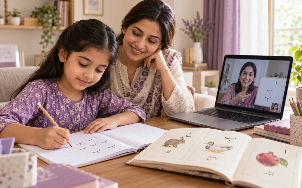 Child practising Urdu writing during an online lesson